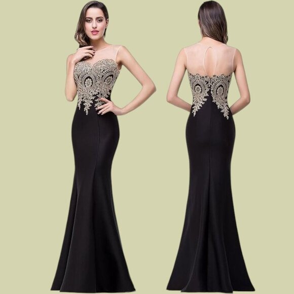 Babyonline Womens Lace Applique Black Formal Mermaid Evening Prom Dress Size M - Picture 1 of 15
